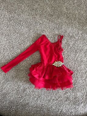Weissman Bright Red One-Shoulder Ruffle Dance Costume with Jewel Accent